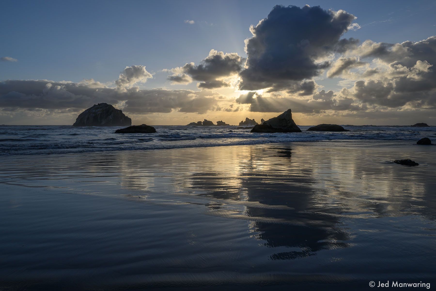 Sunset Clouds Reflected on Beach Bandon, Oregon, Oregon Coast, beach, coast, reflection, sea stack, seascape